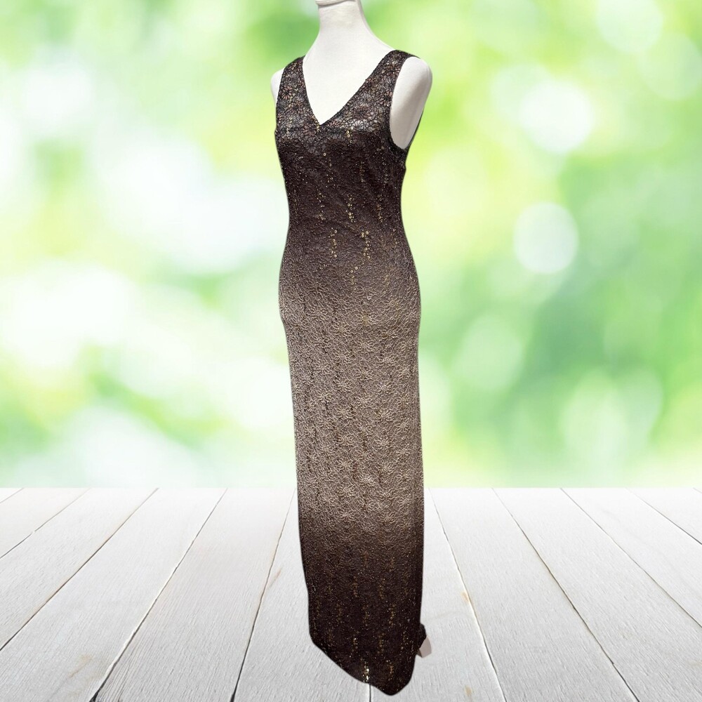 Vintage COLDWATER CREEK Formal Gown Sequin Lace Gold Glam Made USA 90s Petite S